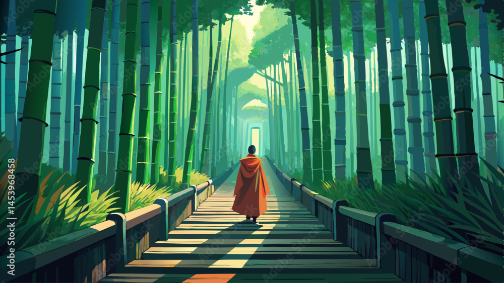 Poster a man is walking down a path in a forest. the path is lined with trees and there is a bench in the m