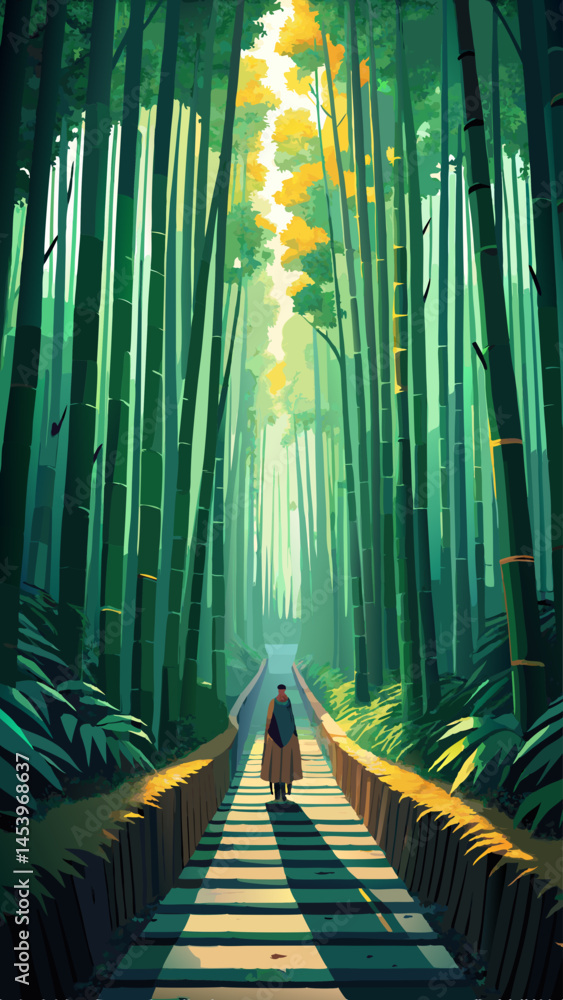 Poster a man is walking down a path in a forest. the path is lined with trees and there is a bench in the m