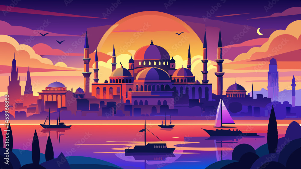 Poster a beautiful city with a large building in the background and a boat in the foreground. the sky is fi