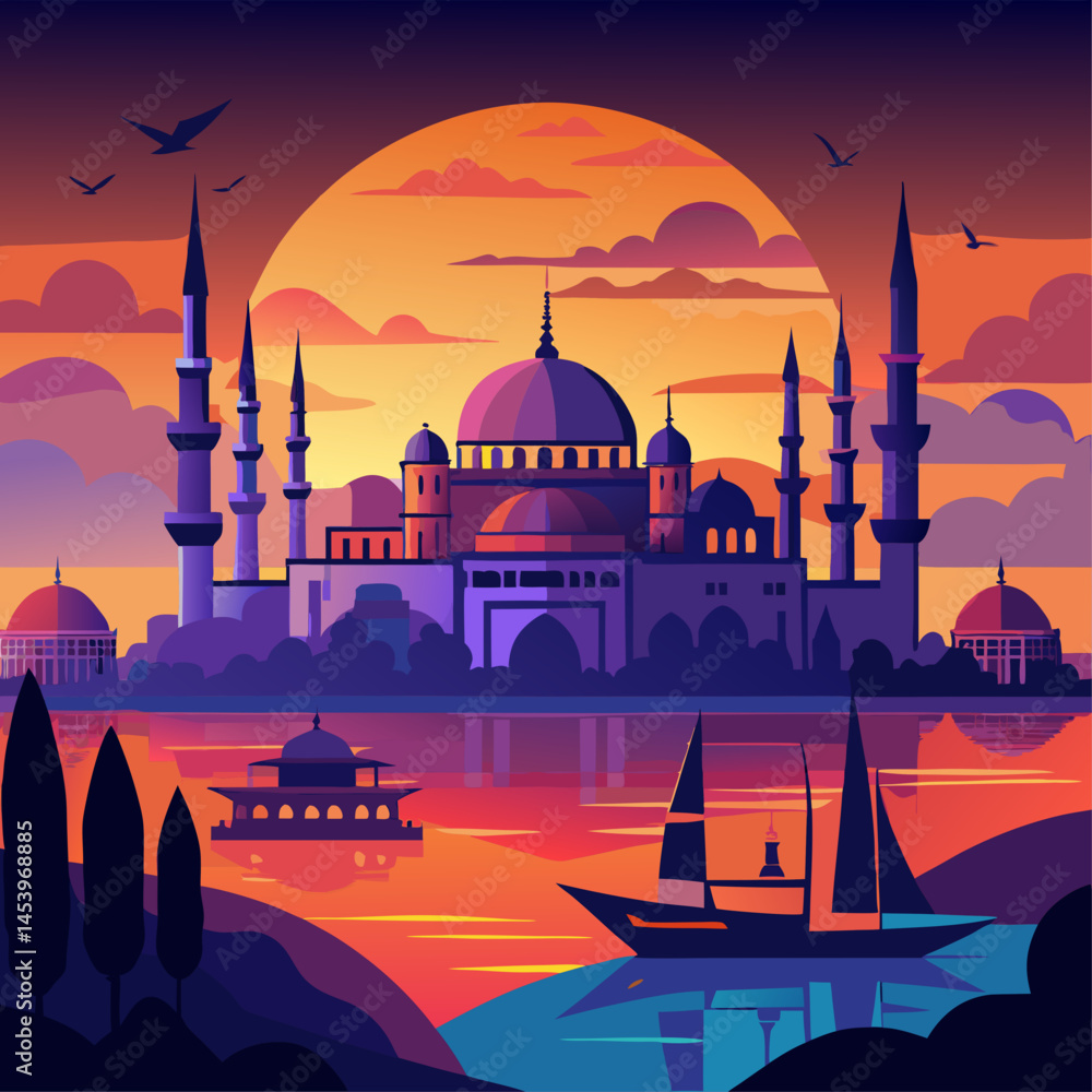 Poster a beautiful city with a large building in the background and a boat in the foreground. the sky is fi