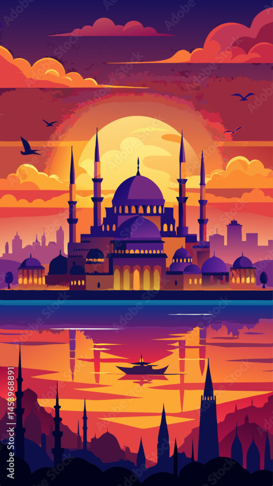 Poster a beautiful city with a large building in the background and a boat in the foreground. the sky is fi