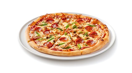 Pepperoni pizza with green pepper and cheese on white plate, fresh and delicious food ready to eat