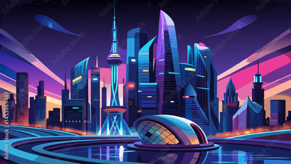 Poster a cityscape with a large building in the middle and a bridge in the background. the sky is dark and 