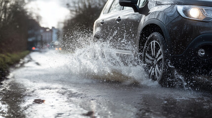 A car is driving on a wet road with water splashing out of the tires