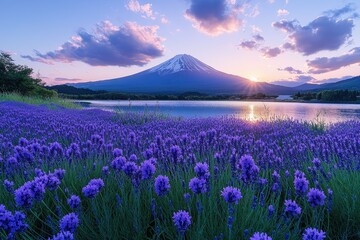Peaceful lavender field with mountain sunrise.