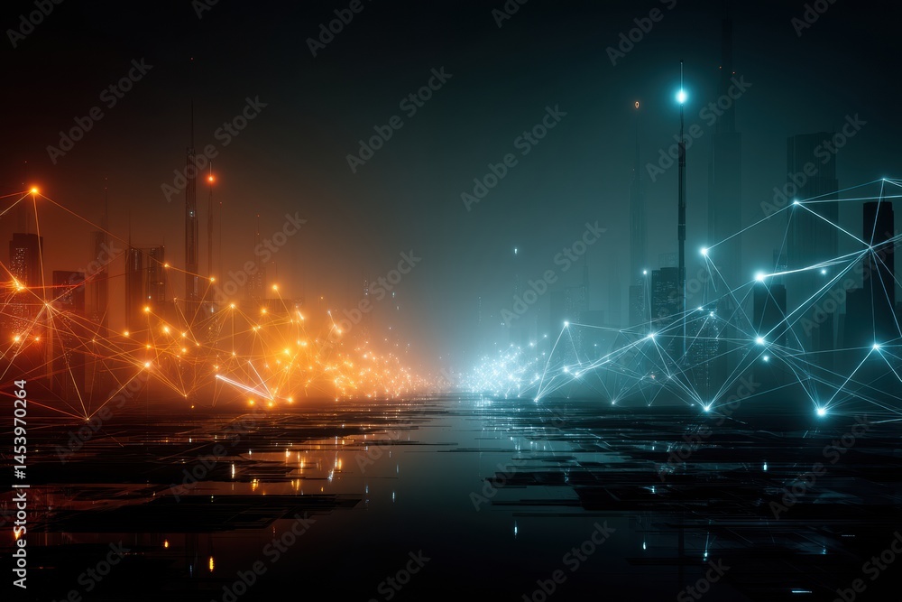 Leinwandbilder cyberpunk landscape showcasing a divide between east and west networks in a futuristic city at dusk 
