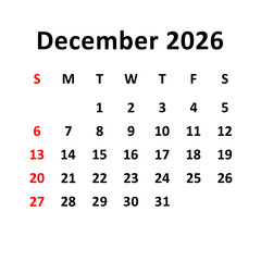 december 2026. Calendar with holydays or red dates. monthly calendar design with week starts on sunday. printable, simple, and clean vector design isolated on white background.