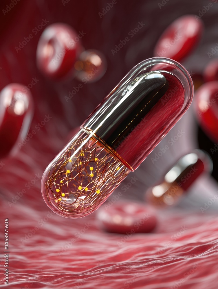 Poster futuristic nanobot capsule floating within blood vessel environment showcasing advanced medical tech