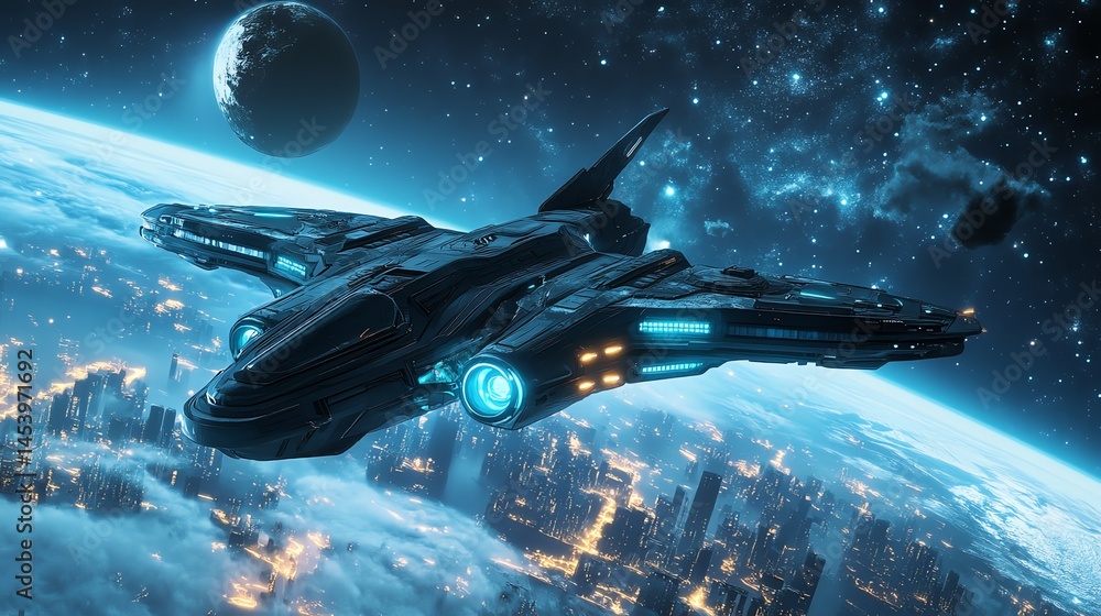 Poster 3d render of a dark spaceship soaring over a futuristic cityscape with glowing lights.