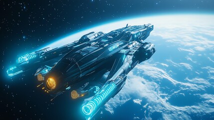 Fototapeta premium Digital illustration of a massive, futuristic spacecraft soaring through a cloudy blue sky.