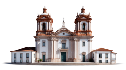 Church of Nossa Senhora da Conceição:A majestic white church with terracotta roof and twin bell towers stands against a clear background, showcasing its architectural grandeur.