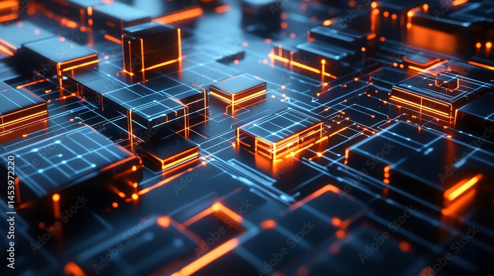 Aufkleber 3d render of a complex, dark circuit board with glowing orange lines and geometric blocks.