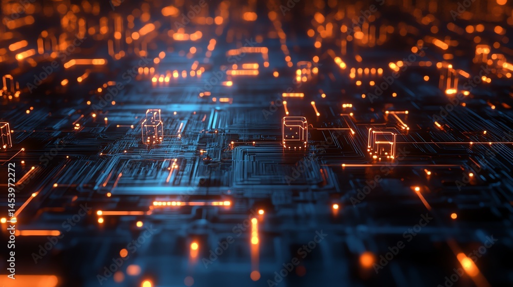 Poster 3d render of intricate circuit board illuminated with orange and blue lights on a dark background.