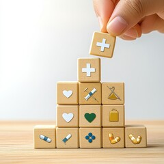 Obraz premium A hand places a puzzle piece atop a tower of wooden blocks displaying medical symbols like hearts, pills, and crosses, representing healthcare concepts