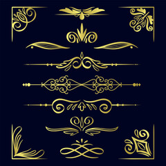 Luxury Golden Ornamental Corner, Frame and Divider Elements on Dark Background for Royal Decorative Design.  Frame ornament collection