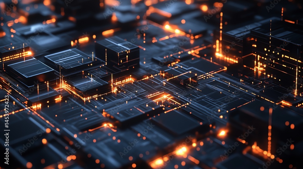 Poster 3d render of a complex, illuminated circuit board cityscape with glowing lines and geometric shapes.
