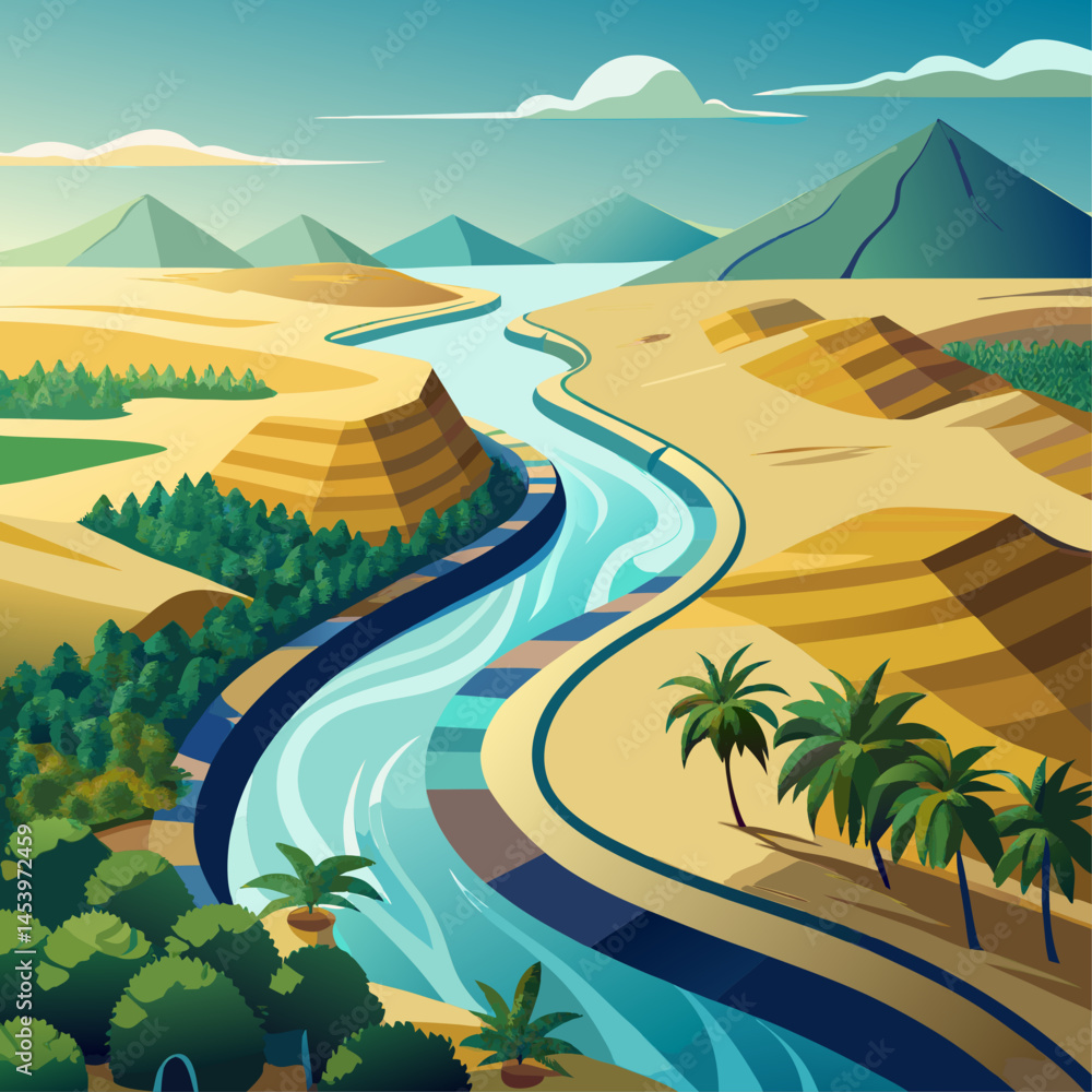 Poster a beautiful landscape with a river running through it. the river is surrounded by trees and mountain