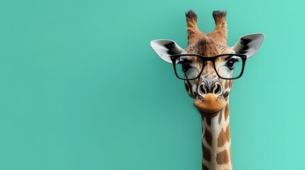 Photograph of a giraffe wearing eyeglasses, peeking over a teal background.
