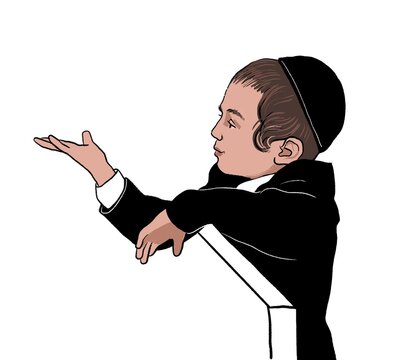 Digital ink illustration of a Hasidic boy in traditional attire, gesturing expressively with one hand raised. Side profile, clean white background, stylized vector artwork.