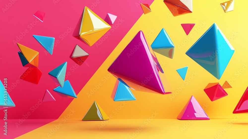 Poster 3d render of translucent pyramids floating against a vibrant pink and yellow gradient backdrop.