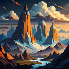 A mountain range with a river running through it. The mountains are covered in snow and the sky is cloudy