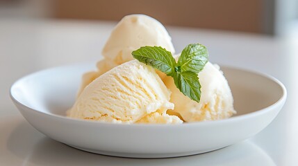 Closeup of Creamy Vanilla Ice Cream Scoops with Mint on White Plate