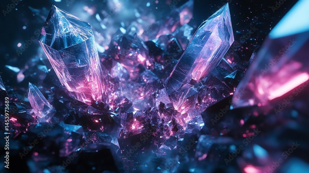 Aufkleber 3d render of fractured crystals exploding in vibrant magenta and teal against a dark void.