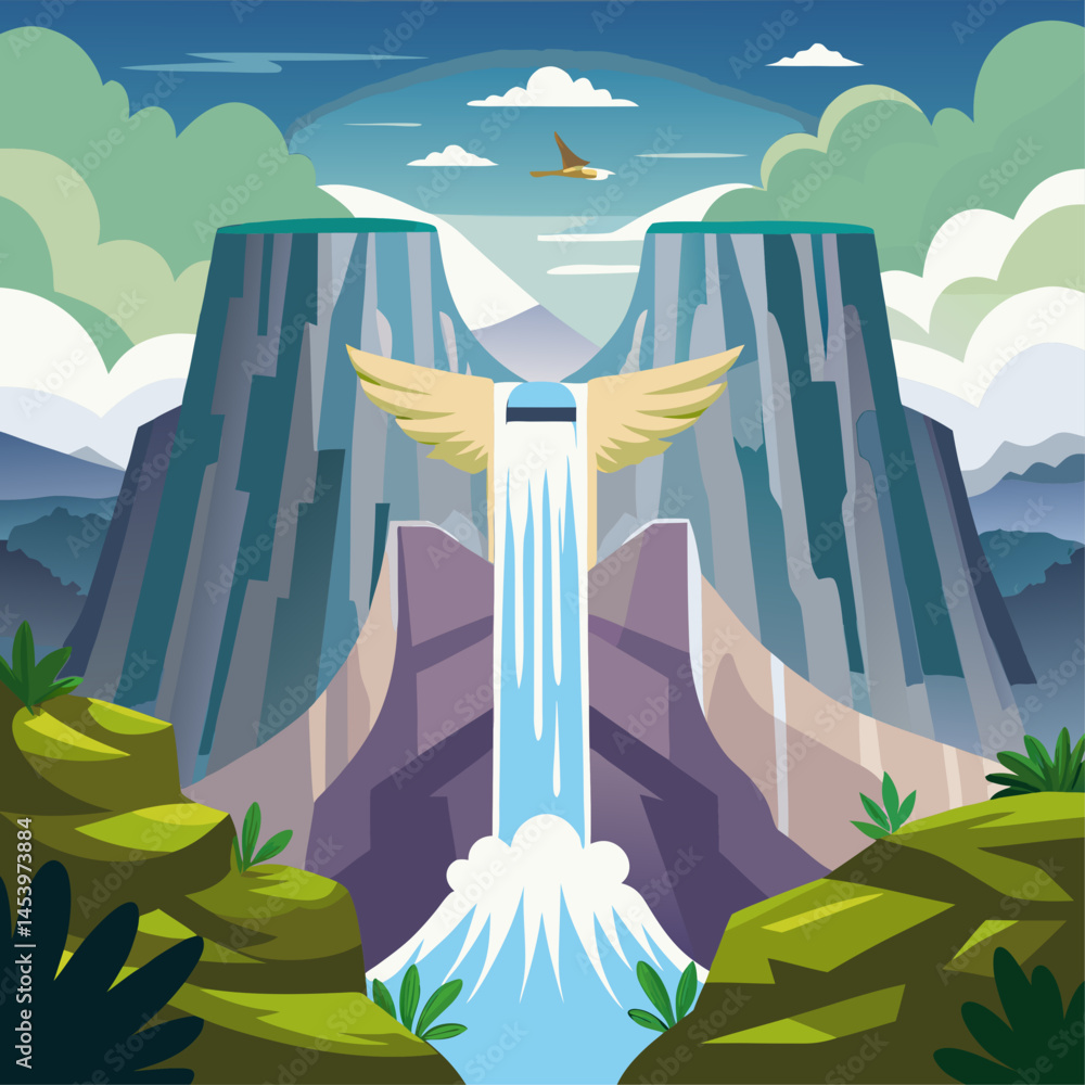 Poster a mountain range with a waterfall and a bird flying over it. the scene is peaceful and serene, with 