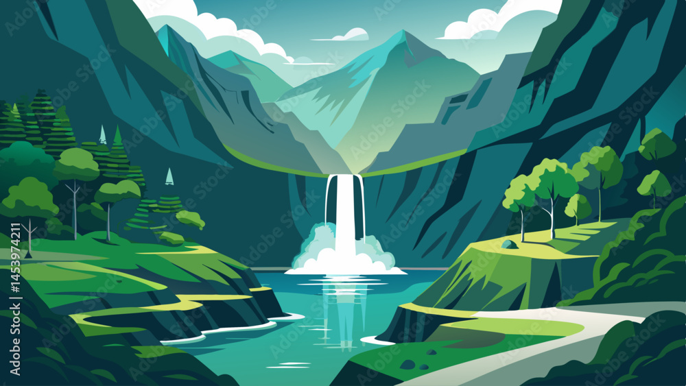 Poster a mountain range with a waterfall in the foreground. the waterfall is surrounded by trees and the mo