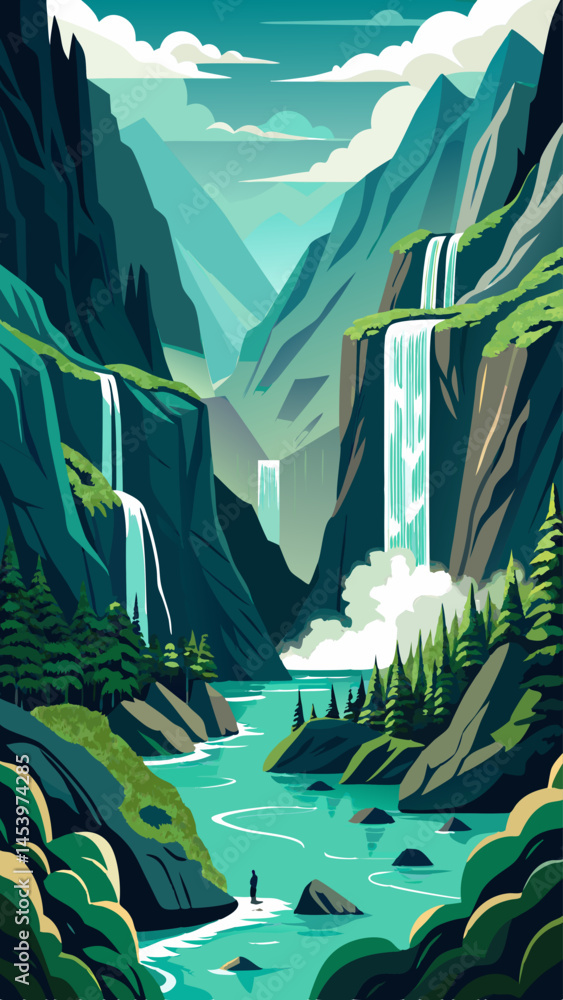 Poster a mountain range with a waterfall in the foreground. the waterfall is surrounded by trees and the mo