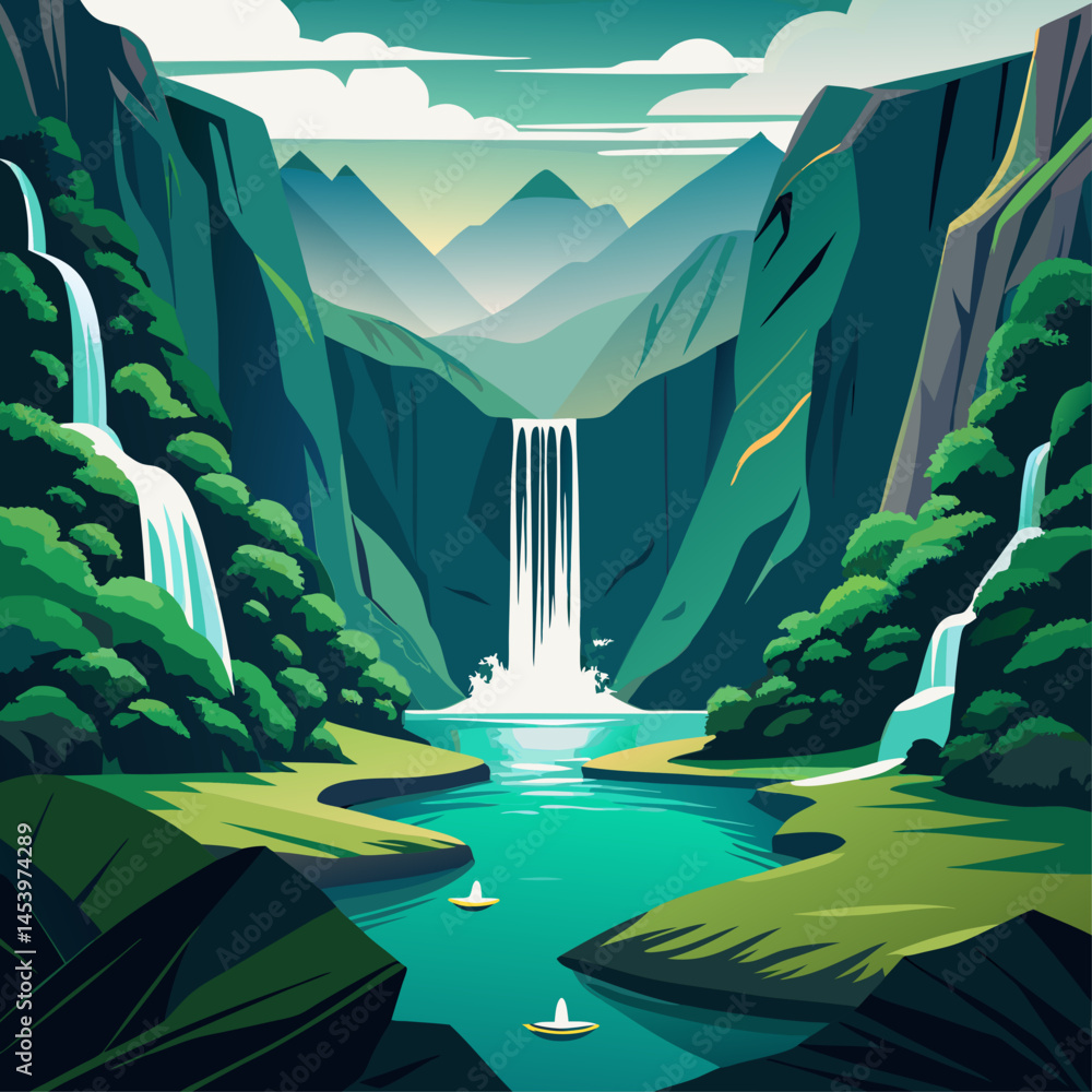 Poster a mountain range with a waterfall in the foreground. the waterfall is surrounded by trees and the mo