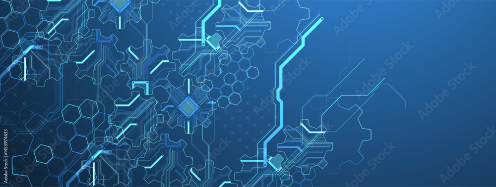 Fototapete Stylized view of gears integrated with microcircuits. Concept of combining mechanics and electronics. Vector