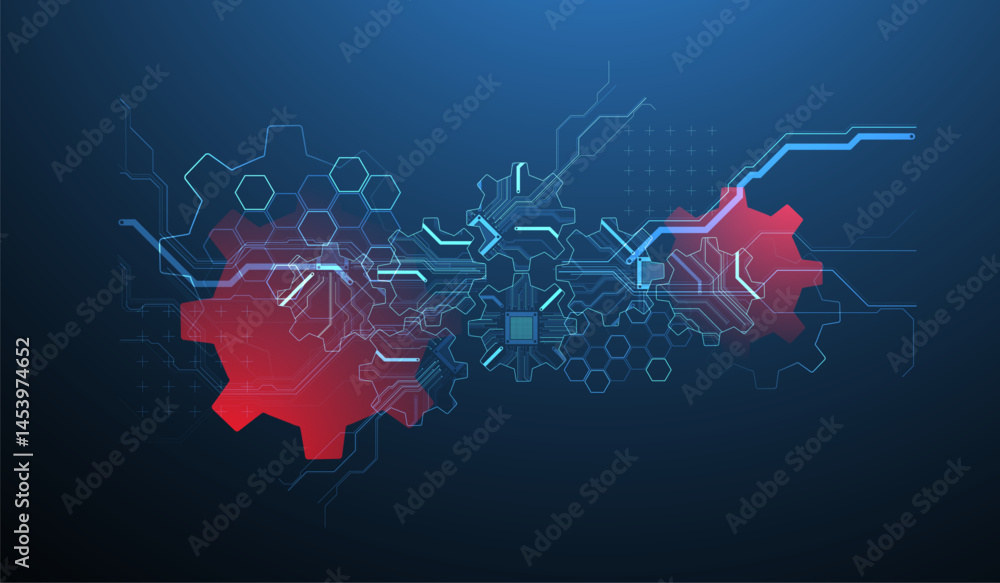 Poster Stylized view of gears integrated with microcircuits. Concept of combining mechanics and electronics. Vector