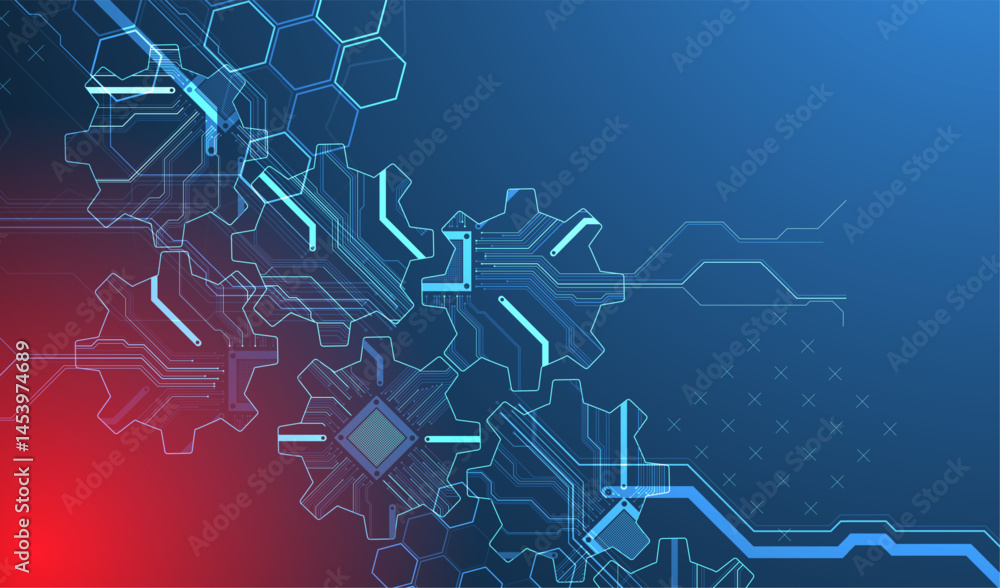 Poster stylized view of gears integrated with microcircuits. concept of combining mechanics and electronics
