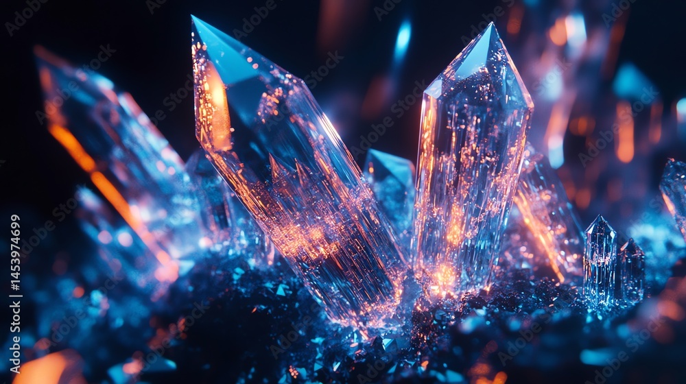 Poster 3d render of crystalline formations exploding with intense blue and orange light particles against a