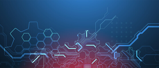 Stylized view of gears integrated with microcircuits. Concept of combining mechanics and electronics. Vector