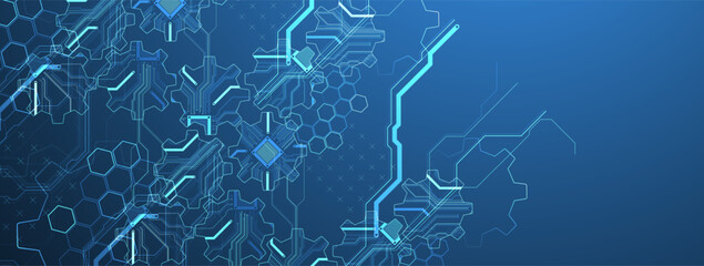 Stylized view of gears integrated with microcircuits. Concept of combining mechanics and electronics. Vector