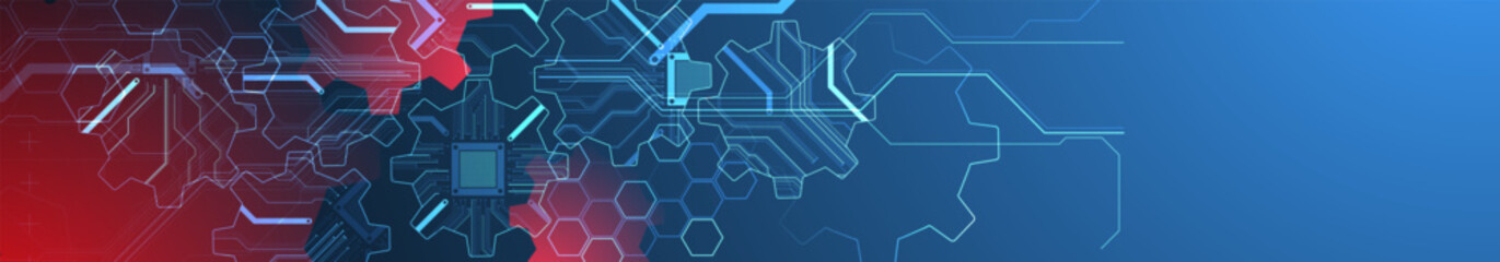 Stylized view of gears integrated with microcircuits. Concept of combining mechanics and electronics. Vector