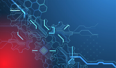 Obraz premium Stylized view of gears integrated with microcircuits. Concept of combining mechanics and electronics. Vector