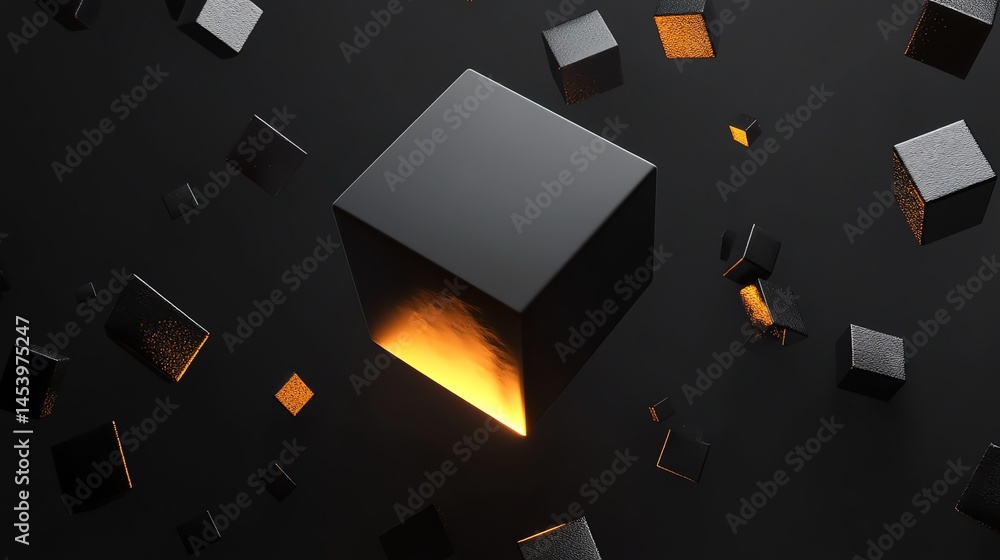 Poster 3d render of black cubes floating in darkness with a warm, orange glow emanating from one.