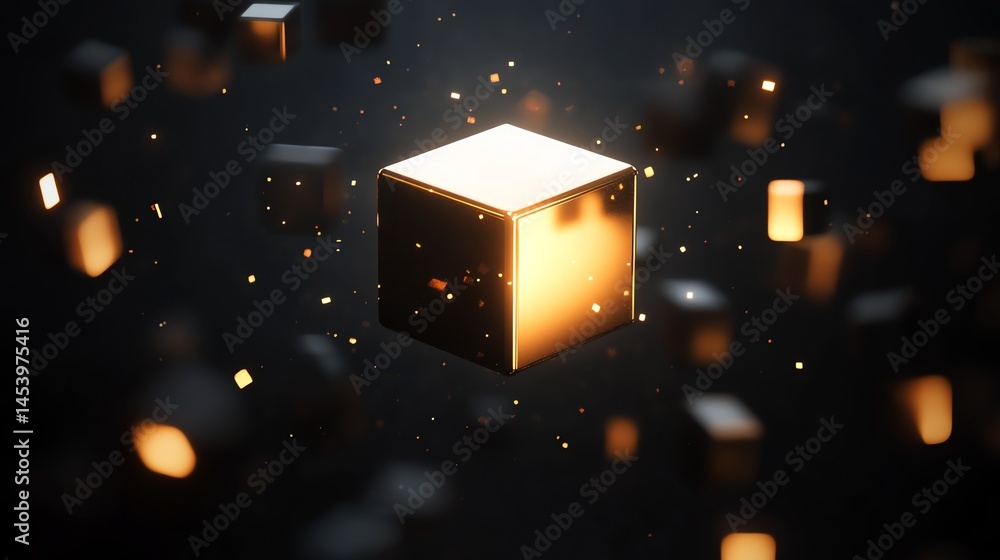 Aufkleber 3d render of a glowing golden cube surrounded by floating sparks against a dark background.