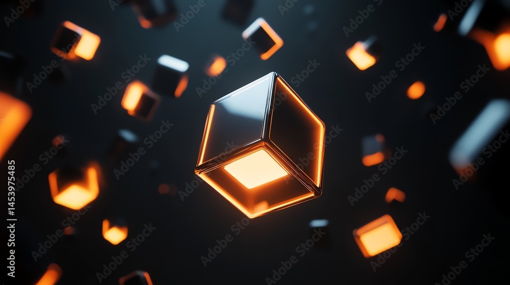 Poster 3d render of a glowing cube floating in a dark, volumetric space with scattered light effects.
