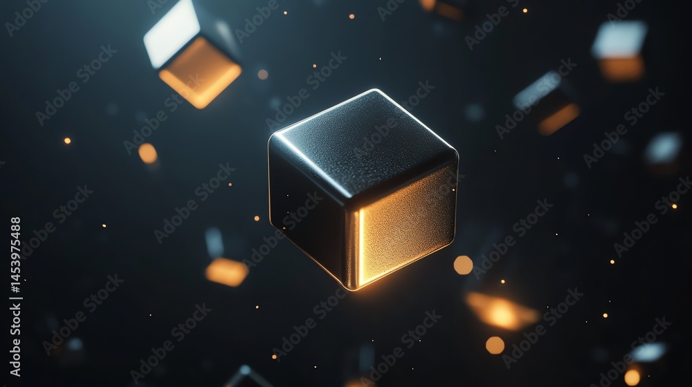 Poster 3d render of a floating, textured black cube with golden highlights amidst glowing particles on a da