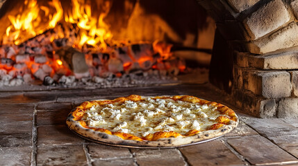 Delicious four cheese pizza cooking in traditional brick oven with roaring flames