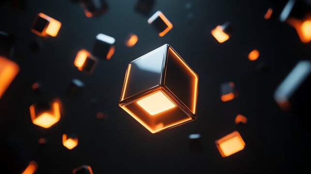 3D render of a glowing cube floating in a dark, volumetric space with scattered light effects.