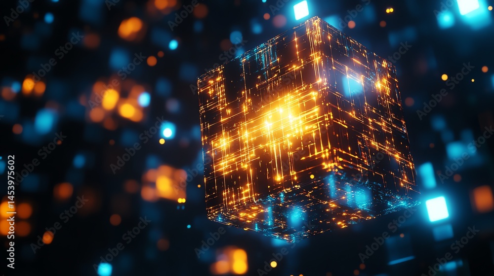Poster 3d render of a glowing, intricate cube suspended in a dark, bokeh-filled space.