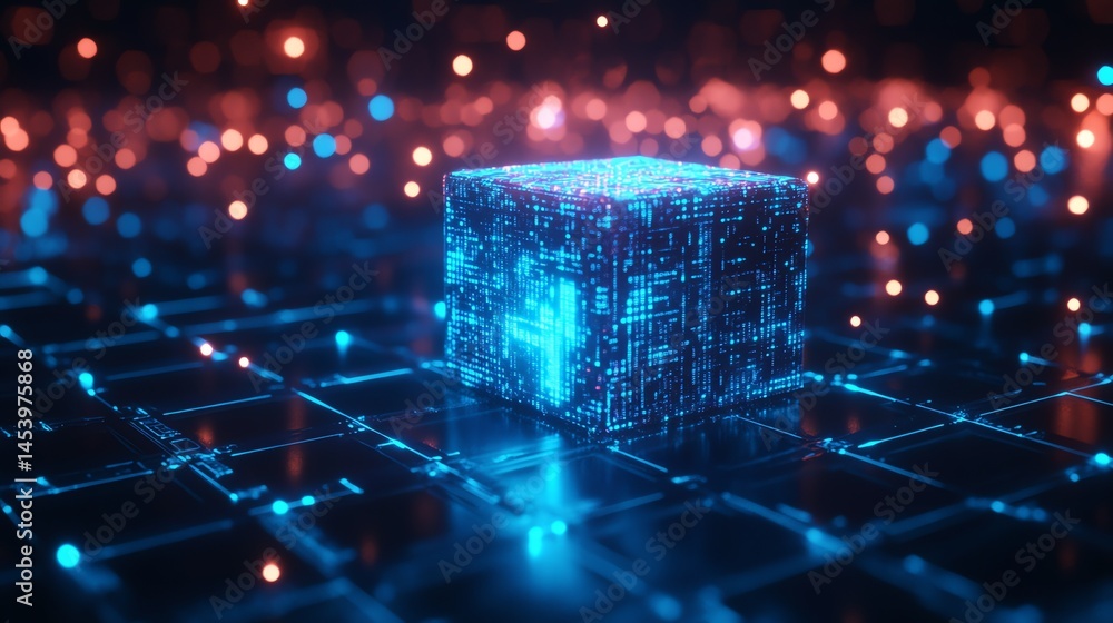 Poster 3d render of a glowing, pixelated cube rests on a circuit board surface amidst scattered digital par