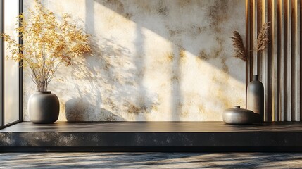 there are two vases with flowers on a platform in front of a wall