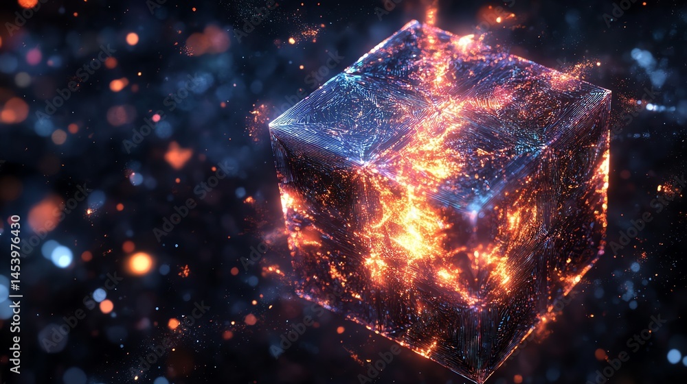 Aufkleber 3d render of a glowing, fragmented cube engulfed in fiery, dynamic particles within a dark expanse.