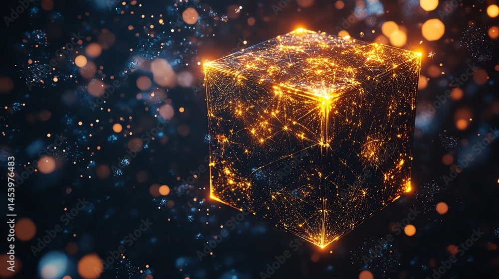 Poster 3d render of a glowing cube constructed with intricate golden lines against a dark background.